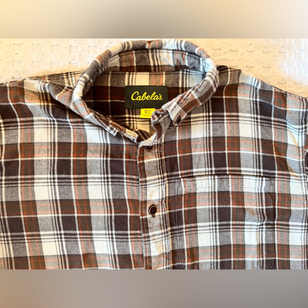 Cabela’s Plaid Flannel Button Down Shirt Brown Cream Cotton Long Sleeve Medium - Picture 3 of 7